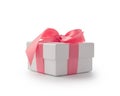 White gift box with pink ribbon bow isolated on white background Royalty Free Stock Photo