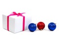 White gift box with pink ribbon and christmas balls. Royalty Free Stock Photo