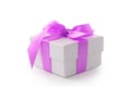 White gift box with purple ribbon bow isolated on white background Royalty Free Stock Photo