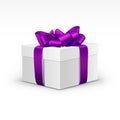 White Gift Box with Purple Violet Ribbon Isolated