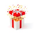 White Gift Box with red cover and gold confetti. Open gift box. festive background. Free delivery, bargain, special