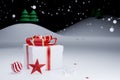 White gift box , red and gold ribbon with christmas toys on snow feild at night, christmas background