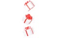 White gift box , red and gold ribbon with christmas toys on snow feild at night, christmas backgroundwhite gift boxes and red ribb