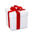 White gift box with red ribbon and bow, isolated on white backgr Royalty Free Stock Photo