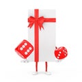 White Gift Box and Red Ribbon Character Mascot with Red Game Dice Cubes in Flight. 3d Rendering Royalty Free Stock Photo