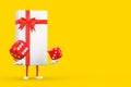 White Gift Box and Red Ribbon Character Mascot with Red Game Dice Cubes in Flight. 3d Rendering Royalty Free Stock Photo
