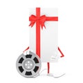White Gift Box and Red Ribbon Character Mascot with Red Map Pointer Target Pin. 3d Rendering