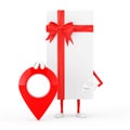 White Gift Box and Red Ribbon Character Mascot with Red Map Pointer Target Pin. 3d Rendering