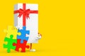 White Gift Box and Red Ribbon Character Mascot Person with Four Pieces of Colorful Jigsaw Puzzle. 3d Rendering Royalty Free Stock Photo