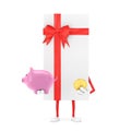 White Gift Box and Red Ribbon Character Mascot with Piggy Bank and Golden Dollar Coin. 3d Rendering Royalty Free Stock Photo