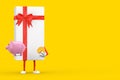 White Gift Box and Red Ribbon Character Mascot with Piggy Bank and Golden Dollar Coin. 3d Rendering Royalty Free Stock Photo