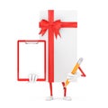 White Gift Box and Red Ribbon Character Mascot with Red Plastic Clipboard Paper and Pencil. 3d Rendering