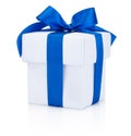 White gift box tied blue ribbon Isolated on white background Royalty Free Stock Photo