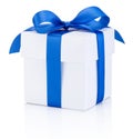 White gift box tied blue ribbon Isolated on white background Royalty Free Stock Photo