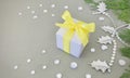 A white gift box on grey background with gemstone and Oriental arborvitae branches.