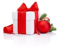 White gift box tied Red satin ribbon bow, Christmas ball Royalty Free Stock Photo