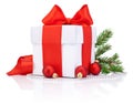 White gift box tied Red satin ribbon bow, three Christmas ball Royalty Free Stock Photo