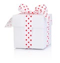 White gift box tied satin ribbon bow with heart symbol Isolated