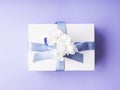 White gift box wrapped with blue ribbon and decor flowers on purple Royalty Free Stock Photo