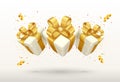 White gift boxes decorative festive object with golden bows and gold sequins confetti on white background