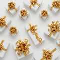 White gift boxes with golden bows Royalty Free Stock Photo