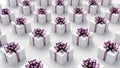 White gift boxes with purple ribbon, on white background. Concept for women and holidays