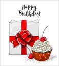 White gift boxt with red ribbon and cupcake with white cream and cherry on white background, illustration