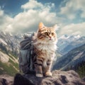 White ginger fluffy cat traveler with yellow backpack against backdrop of mountains and river Tourism and travel with pets concept