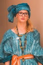 White girl in african traditional clothing posing at Expo 2015 i