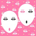 White girl face mask and eyes with eyelashes on pink background, vector illustration. Royalty Free Stock Photo