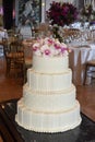White GlacÃÂ© with Pearls and Pink Flowers, Wedding Cake Dinner Party Royalty Free Stock Photo