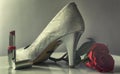 View of white glamour leather high heel shoes and red lipstick women`s accessories chic still life Royalty Free Stock Photo