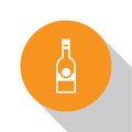 White Glass bottle of vodka icon isolated on white background. Orange circle button. Vector Royalty Free Stock Photo