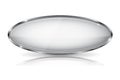 White glass 3d button with metal frame. Oval shape. With reflection on white background