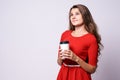 White glass. Hot coffee. Portrait girl. Red dress Royalty Free Stock Photo