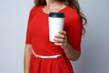 White glass. Hot coffee. Red dress Royalty Free Stock Photo