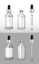 White glass transparent bottle. Silver cap with dropper