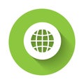 White Global technology or social network icon isolated with long shadow background. Green circle button. Vector Royalty Free Stock Photo