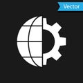 White Globe of the Earth and gear or cog icon isolated on black background. Setting parameters. Global Options. Vector Royalty Free Stock Photo