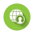 White Globe and people icon isolated with long shadow. Global business symbol. Social network icon. Green circle button Royalty Free Stock Photo