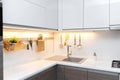 White gloss kitchen interior with worktop lighting