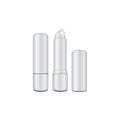 White glossy closed and opened lip balm stick, realistic hygienic lipstick. Vector blank mockup, design template