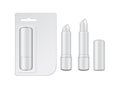 White glossy closed and opened lip balm stick set, realistic hygienic lipstick with cardboard pack. Vector blank mockup
