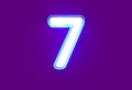 White glossy neon light blue glow alphabet - number 7 isolated on purple, 3D illustration of symbols Royalty Free Stock Photo