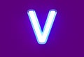 White glossy neon light blue glow font - letter V isolated on purple, 3D illustration of symbols Royalty Free Stock Photo