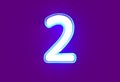 White glossy neon light blue glow font - number 2 isolated on purple, 3D illustration of symbols Royalty Free Stock Photo