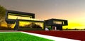 White glowing border on the territory of the advanced private villa with distant sunset on the background. 3d rendering