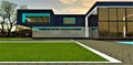 White glowing borders on the lawn at night on the territory of stunning elite dwelling illuminated in turquoise. 3d rendering