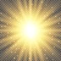 White glowing light burst explosion on transparent background. Bright flare effect decoration with ray sparkles