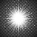White glowing light burst explosion on transparent background. Bright flare effect decoration with ray sparkles Royalty Free Stock Photo